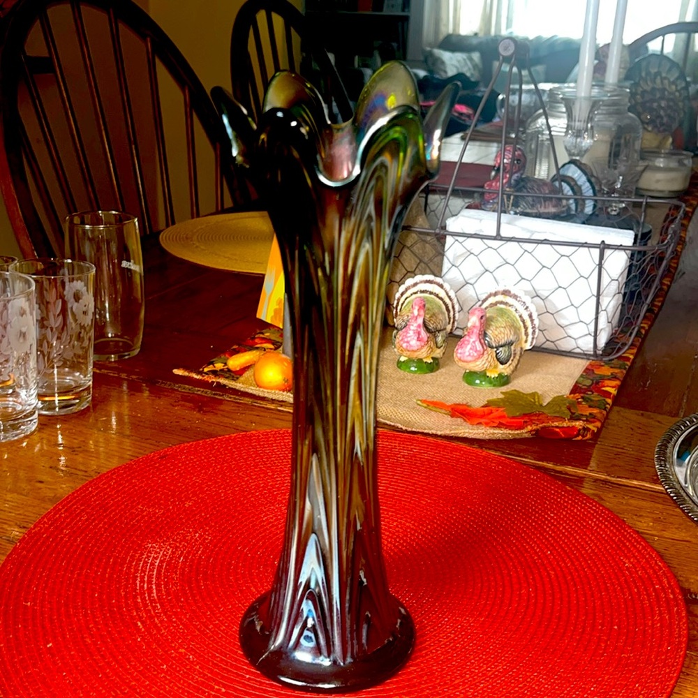 Fenton Carnival Glass 11” Vase With Green base